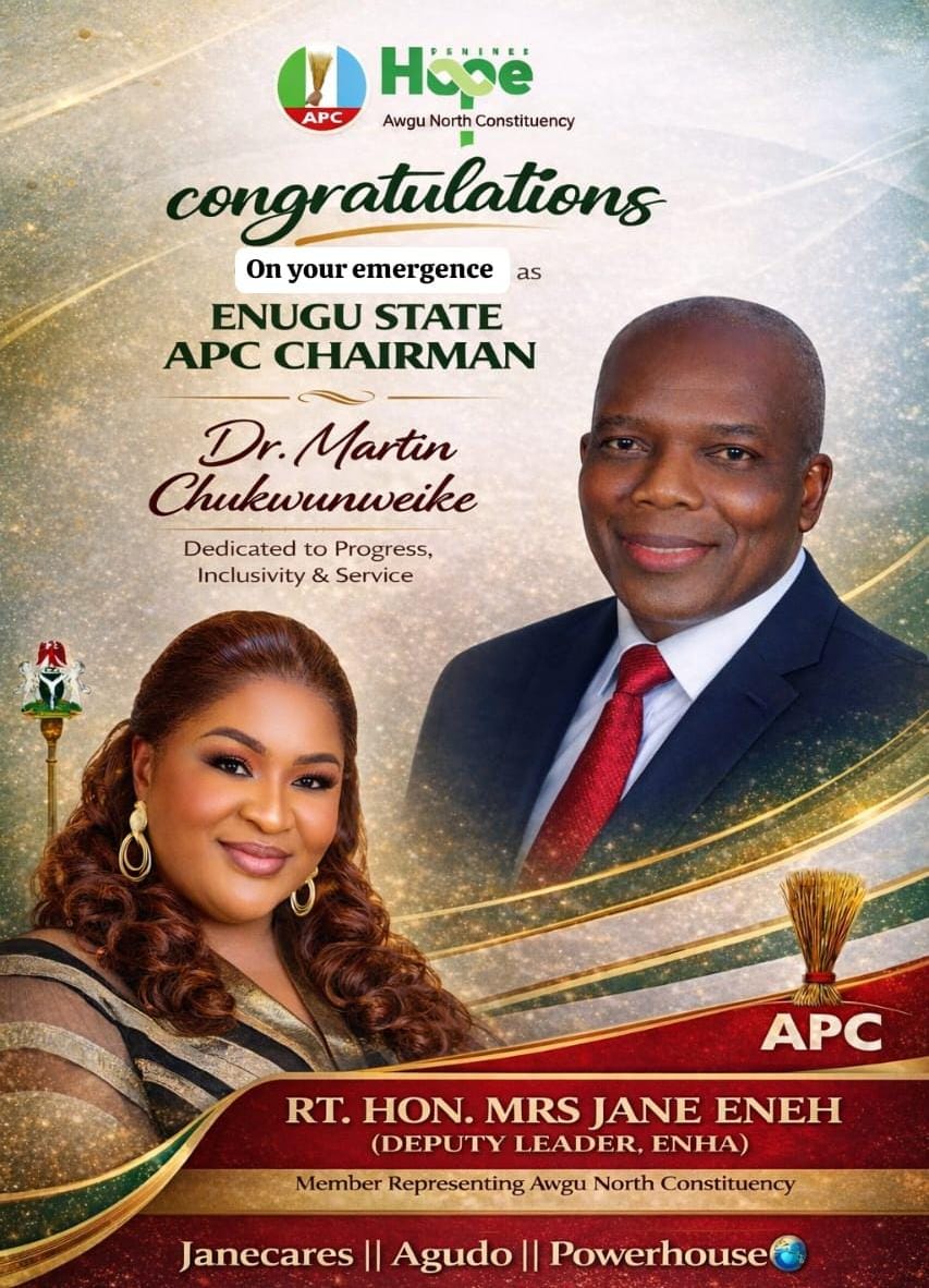 ENUGU STATE APC REPOSITIONED: RT. HON. MRS. JANE ENEH FELICITATES WITH Dr. SIR MARTIN CHUKWUNWEIKE ON HIS APC CHAIRMANSHIP VICTORY.