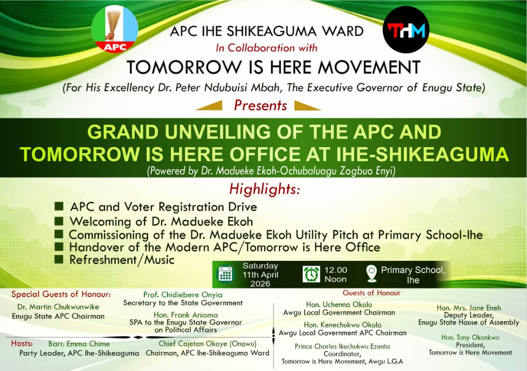 STRENGTHENING DEMOCRACY: APC IHE SHIKEAGUMA IN COLLABORATION WITH TOMORROW IS HERE MOVEMENT, SET TO LAUNCH MODERN OFFICE IN IHE WARD TO BOOST COMMUNITY DEVELOPMENT.