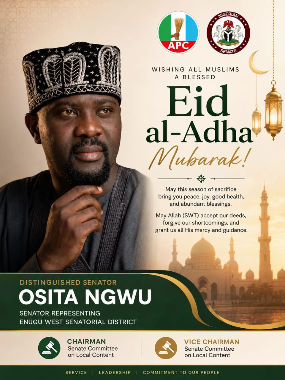EID AL-ADHA 2026: ENUGU WEST SENATOR, DR. OSITA NGWU CELEBRATES MUSLIM FAITHFUL WITH MESSAGE OF LOVE, DIVINE BLESSINGS AND NATIONAL UNITY.