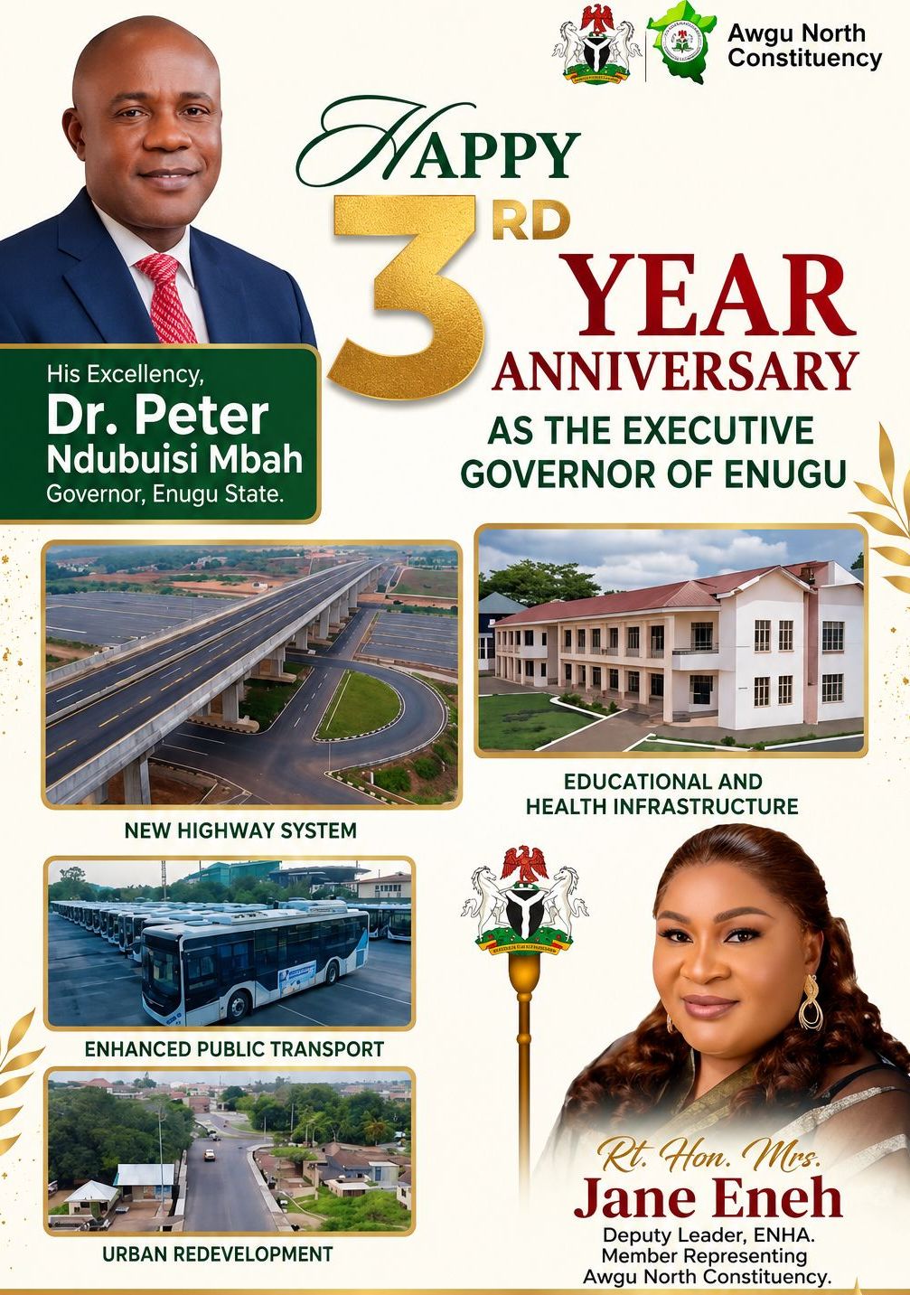 ENUGU ON THE RISE: RT. HON. MRS.JANE ENEH CELEBRATES GOV. PETER MBAH’S 3RD ANNIVERSARY IN OFFICE, APPLAUDS HIS IMPACTFUL LEADERSHIP AND DEVELOPMENTAL STRIDES ACROSS ENUGU STATE.