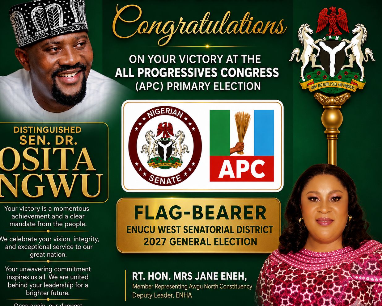 VICTORY@APC PRIMARY: RT. HON. MRS. JANE ENEH CONGRATULATES DISTINGUISHED SEN. DR. OSITA NGWU ON HIS EMERGENCE AS APC FLAG BEARER FOR ENUGU WEST SENATORIAL DISTRICT .‎