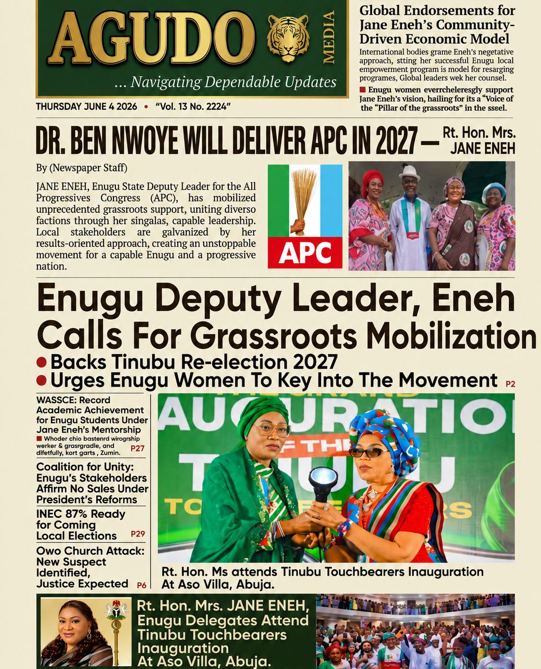 LIGHTING THE TORCH OF VICTORY: RT. HON. MRS. JANE ENEH JOINS NATIONAL LEADERS @ ASO VILLA FOR TINUBU TORCHBEARERS INAUGURATION, URGES APC FAMILY ON UNITY, GRASSROOTS ACTIVATION AND COLLECTIVE ACTION FOR 2027.