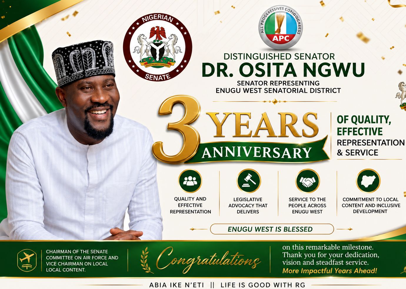 THE BEST IS YET TO COME: DISTINGUISHED SENATOR DR. OSITA NGWU MARKS THREE YEARS OF IMPACTFUL REPRESENTATION, HAILS ENUGU WEST SUPPORT AND ASSURES GREATER MILESTONES ACROSS THE DISTRICT.
