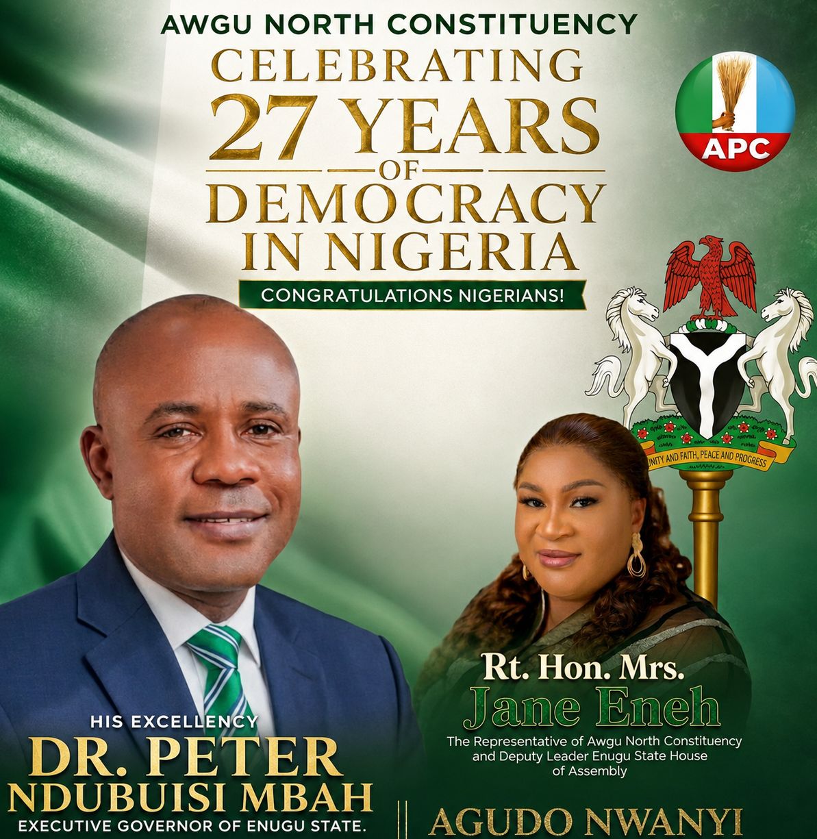 SUSTAINING THE DEMOCRATIC LEGACY: RT. HON. MRS. JANE ENEH CELEBRATES NIGERIANS ON 27 YEARS OF DEMOCRACY, CALLS FOR UNITY, ACTIVE CITIZENSHIP, EQUITY AND NATIONAL PROGRESS.