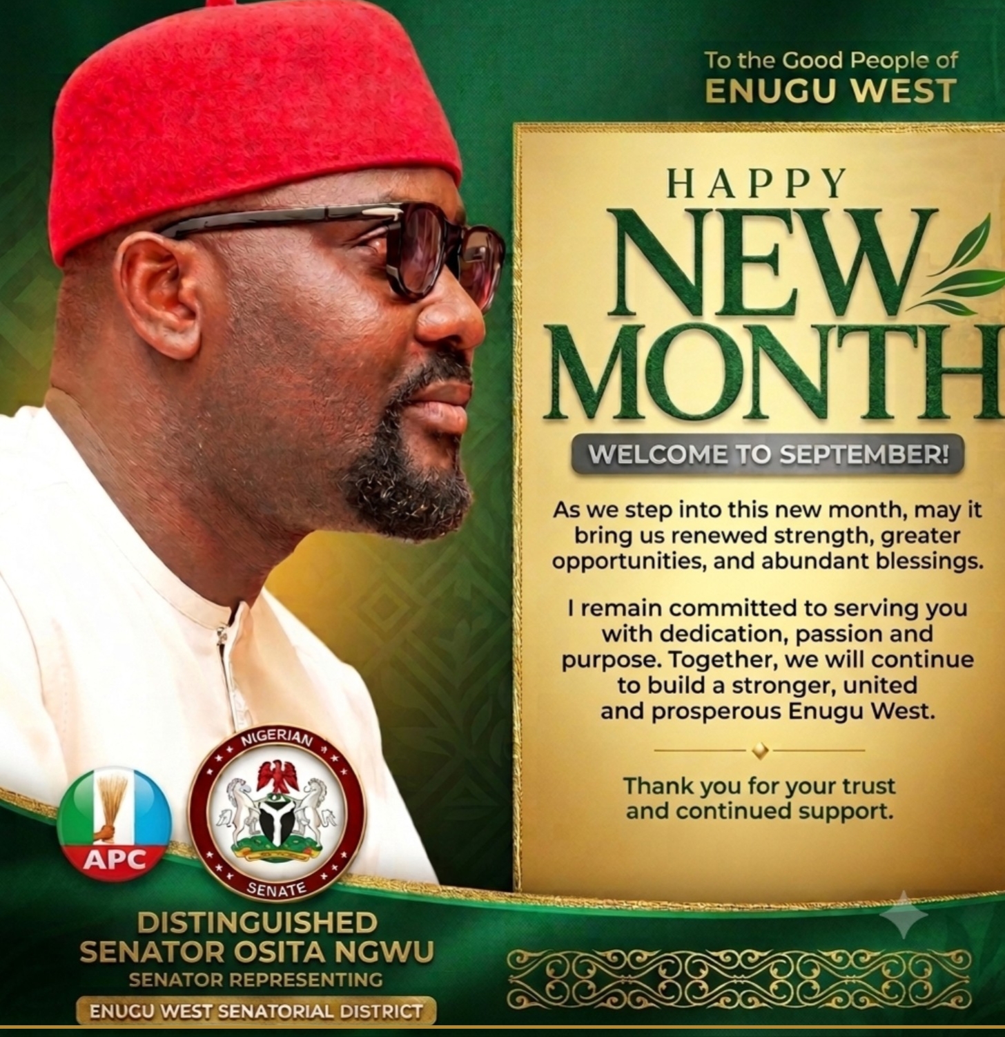 HAPPY NEW MONTH OF SEPTEMBER: DISTINGUISHED SENATOR DR. OSITA NGWU WISHES ENUGU WEST AND NIGERIA ABUNDANT BLESSINGS, REAFFIRMS COMMITMENT TO EFFECTIVE REPRESENTATION.