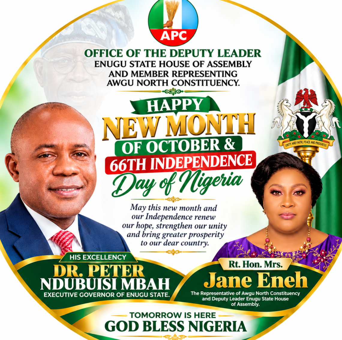 66TH INDEPENDENCE ANNIVERSARY: RT. HON. MRS. JANE ENEH EXTENDS HEARTFELT OCTOBER GREETINGS, CELEBRATES UNITY, RESILIENCE, DIVERSE CULTURAL HERITAGE AND THE BOUNDLESS POTENTIAL OF THE NATION.