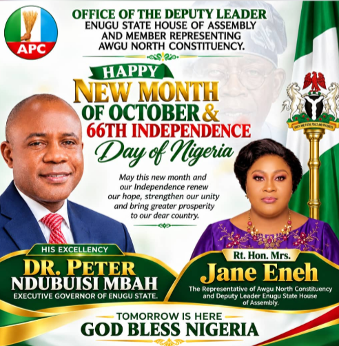 66TH INDEPENDENCE ANNIVERSARY: RT. HON. MRS. JANE ENEH EXTENDS HEARTFELT OCTOBER GREETINGS, CELEBRATES UNITY, RESILIENCE, DIVERSE CULTURAL HERITAGE AND THE BOUNDLESS POTENTIAL OF THE NATION.